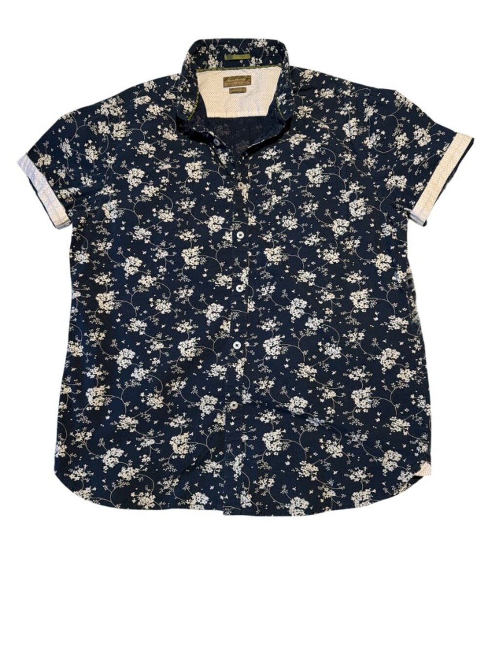 Denim & Flower Men’s Large Slim Fit Shirt Navy White Floral Short Sleeve Cotton